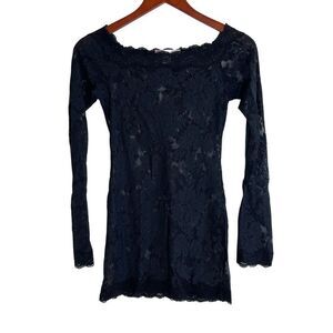 Victoria's Secret Womens Lace Sheer Stretch Long Sleeve Top Black Size Small